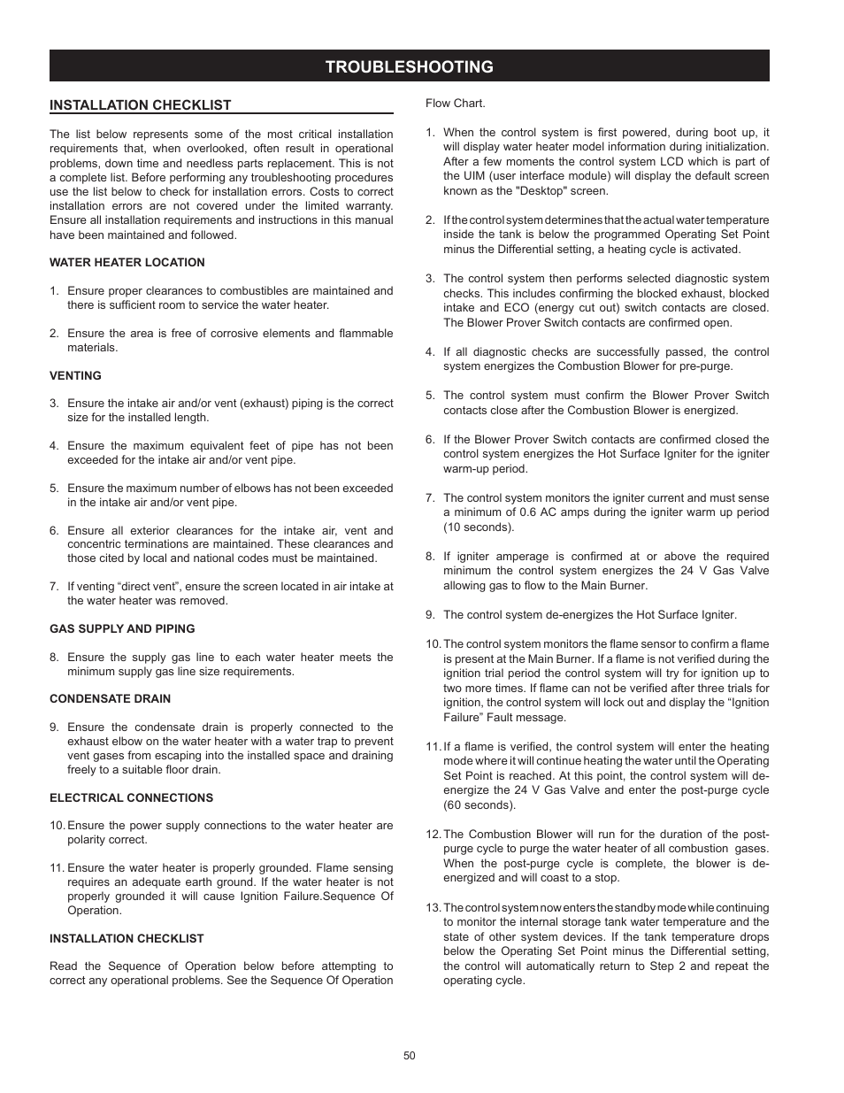 Troubleshooting, Installation checklist | State SHE50 100 User Manual | Page 50 / 60