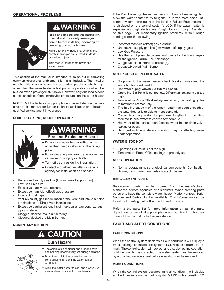 Operational problems, Fault and alert conditions, Operational problems fault and alert conditions | Caution, Burn hazard | State SHE50 100 User Manual | Page 52 / 60