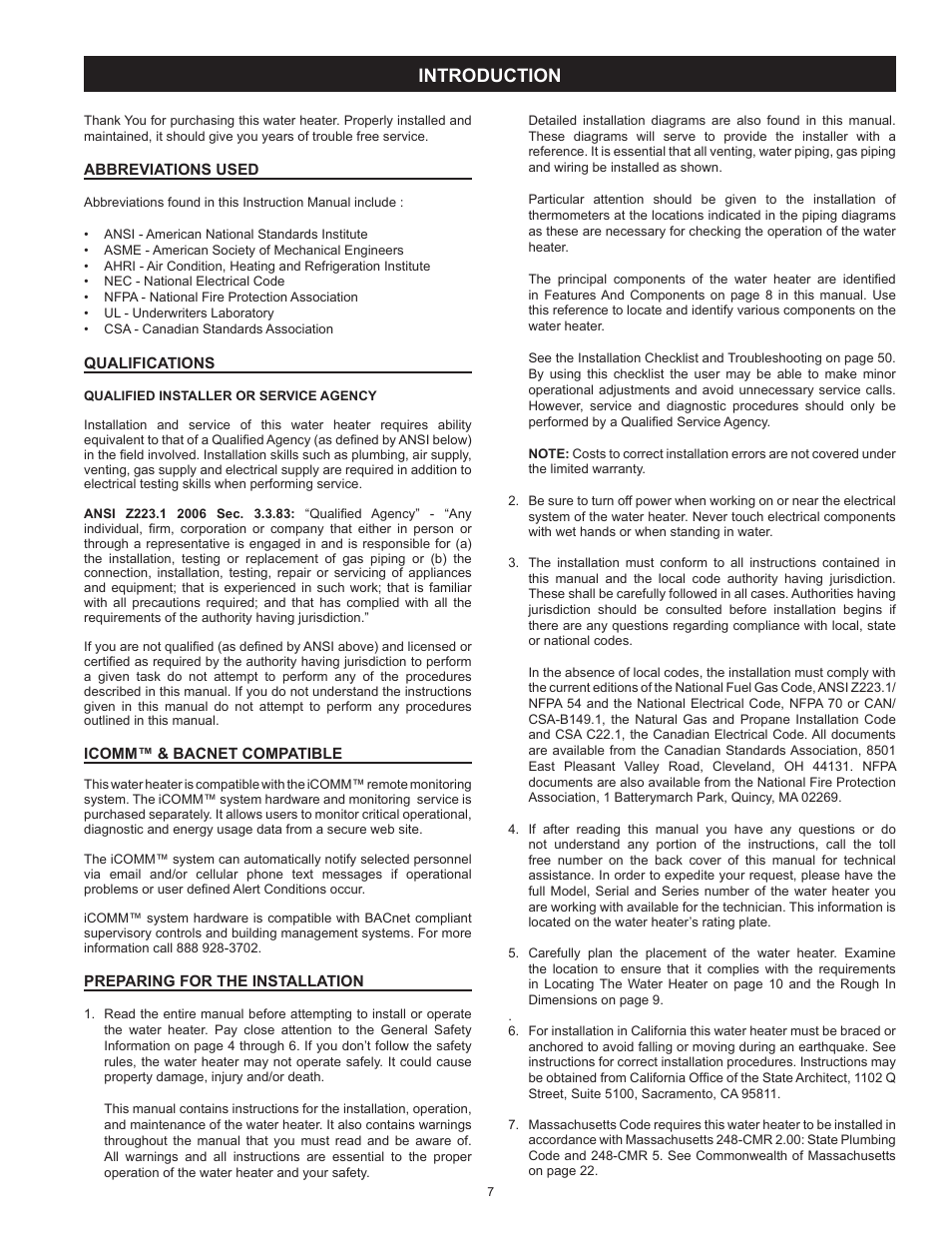 Introduction, Abbreviations used, Qualifications | Icomm™ & bacnet compatible, Preparing for the installation | State SHE50 100 User Manual | Page 7 / 60