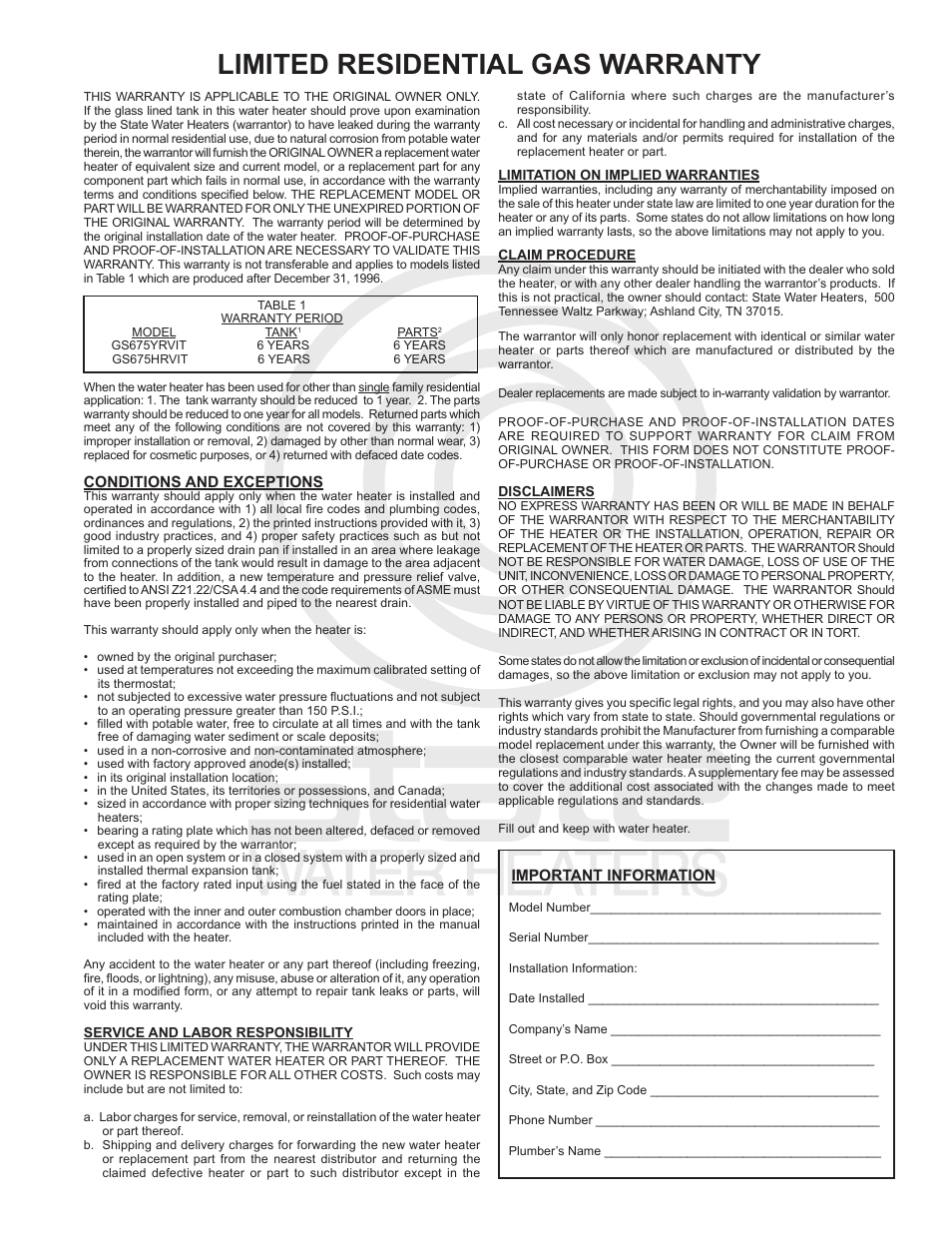 Limited residential gas warranty | State Industries GS675YRVIT User Manual | Page 35 / 36