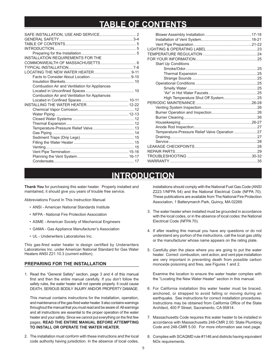 Introduction table of contents | State Industries GS675YRVIT User Manual | Page 5 / 36