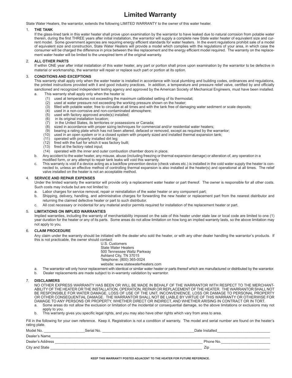 Limited warranty | State Industries A B C D E F 100 User Manual | Page 43 / 44