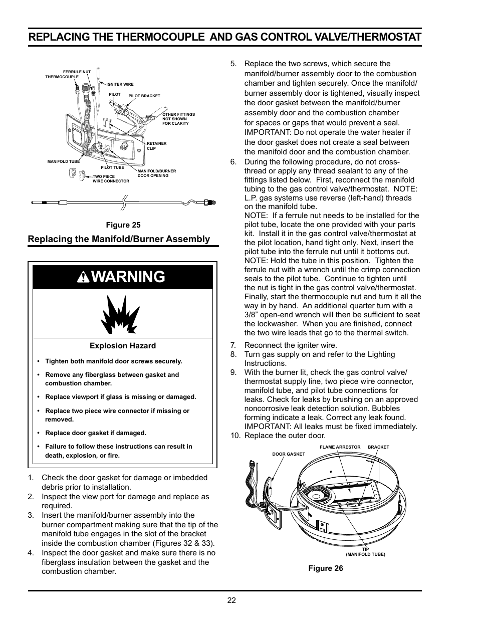 Warning, Replacing the manifold/burner assembly | State Industries GSX User Manual | Page 22 / 44