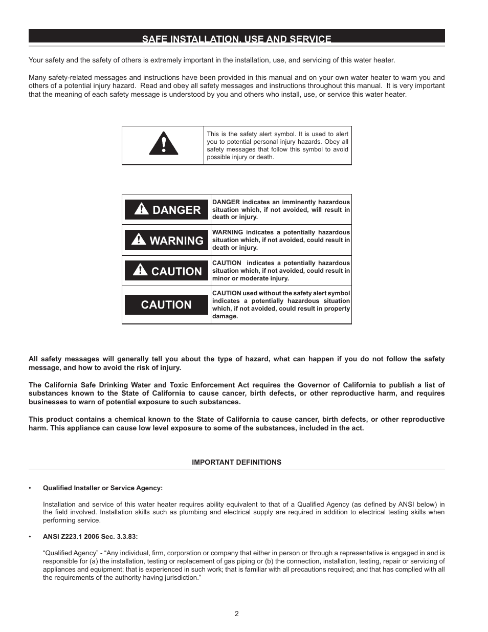 Danger, Warning, Caution | Safe installation, use and service | State Industries ASME SSE-5 User Manual | Page 2 / 40