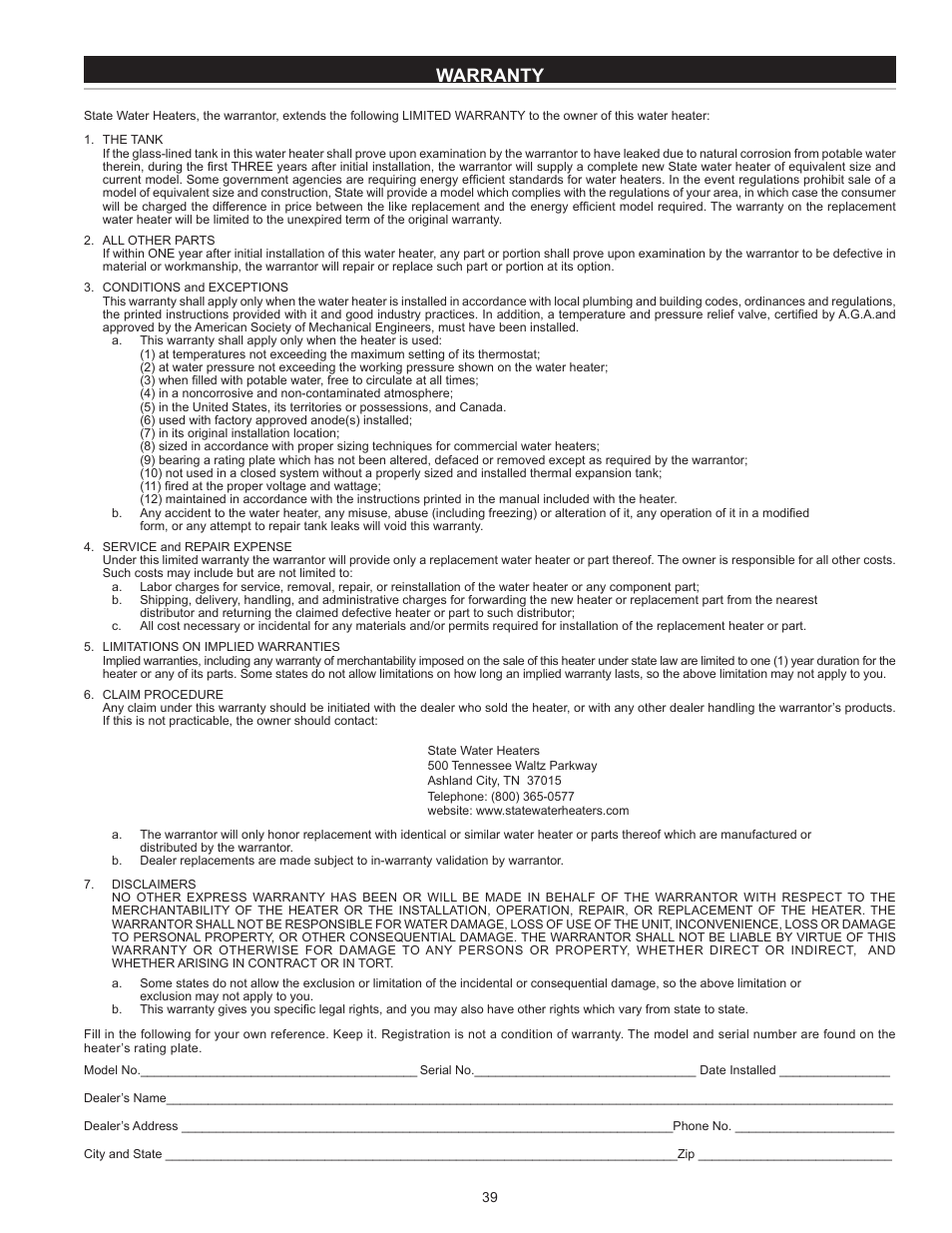 Warranty | State Industries ASME SSE-5 User Manual | Page 39 / 40