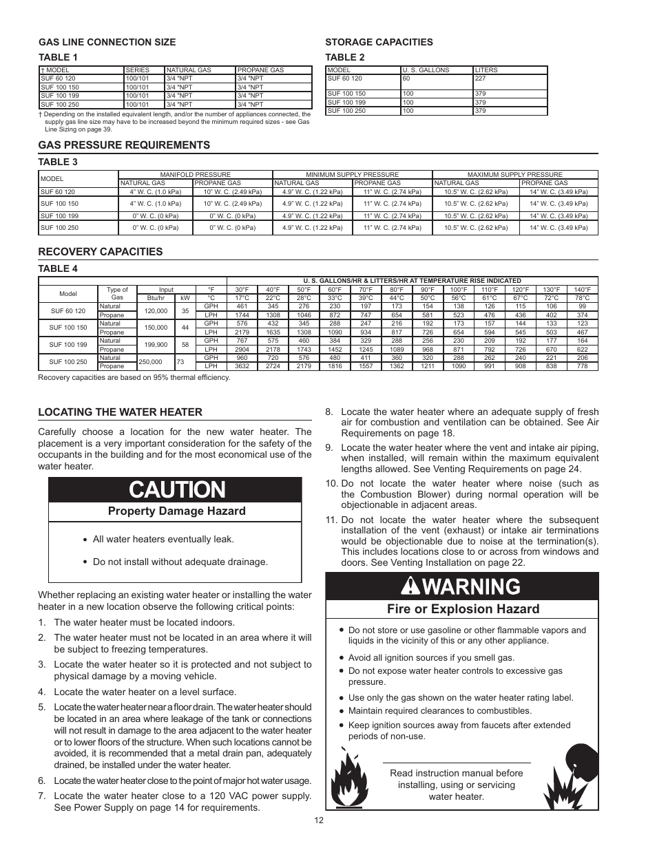 Gas pressure requirements, Recovery capacities, Locating the water heater | Table, Caution, Fire or explosion hazard, Property damage hazard, Storage capacities table 2, Gas line connection size table 1, All water heaters eventually leak | State Industries ULTRA FORCE 101 User Manual | Page 12 / 80