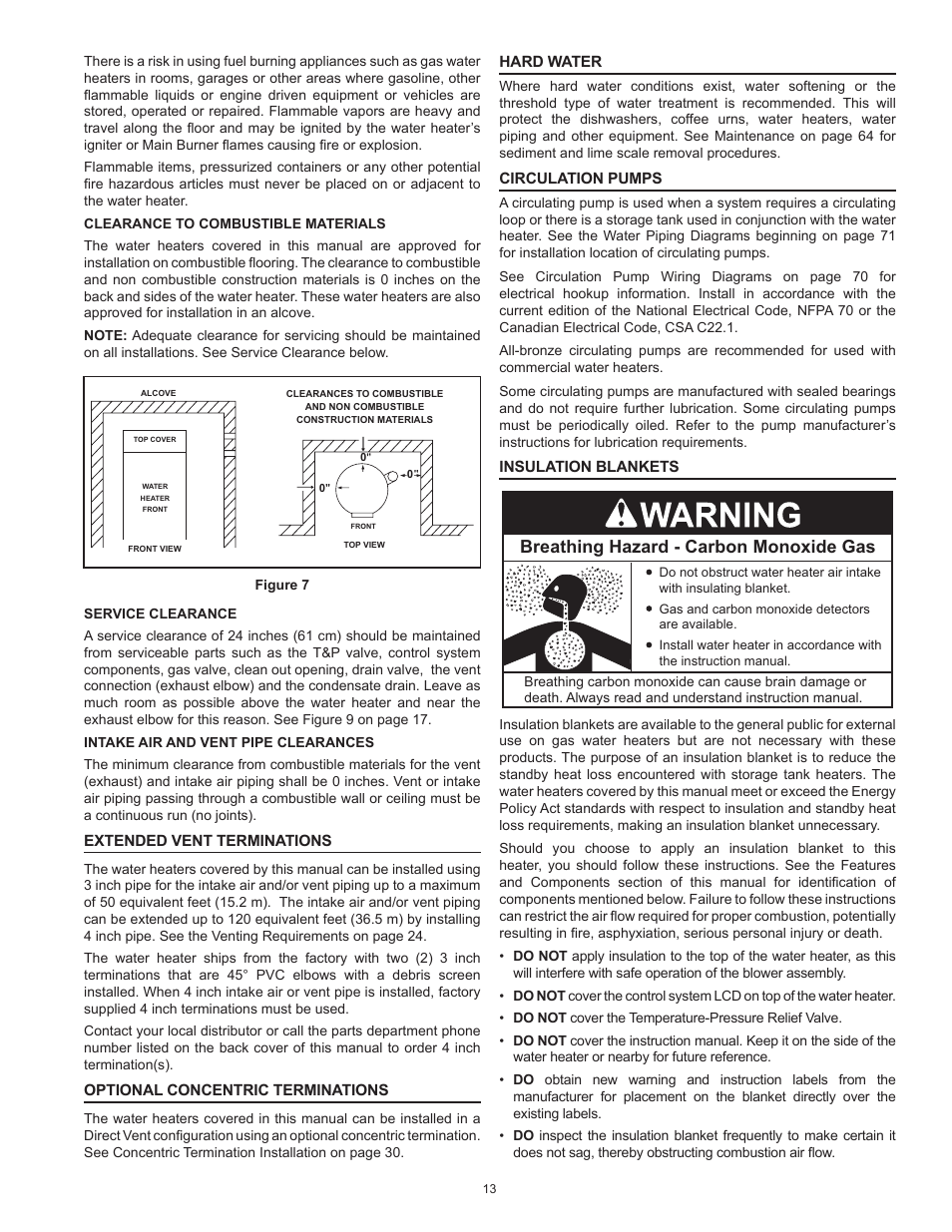 Clearance to combustible materials, Service clearance, Insulation blankets | Breathing hazard - carbon monoxide gas | State Industries ULTRA FORCE 101 User Manual | Page 13 / 80