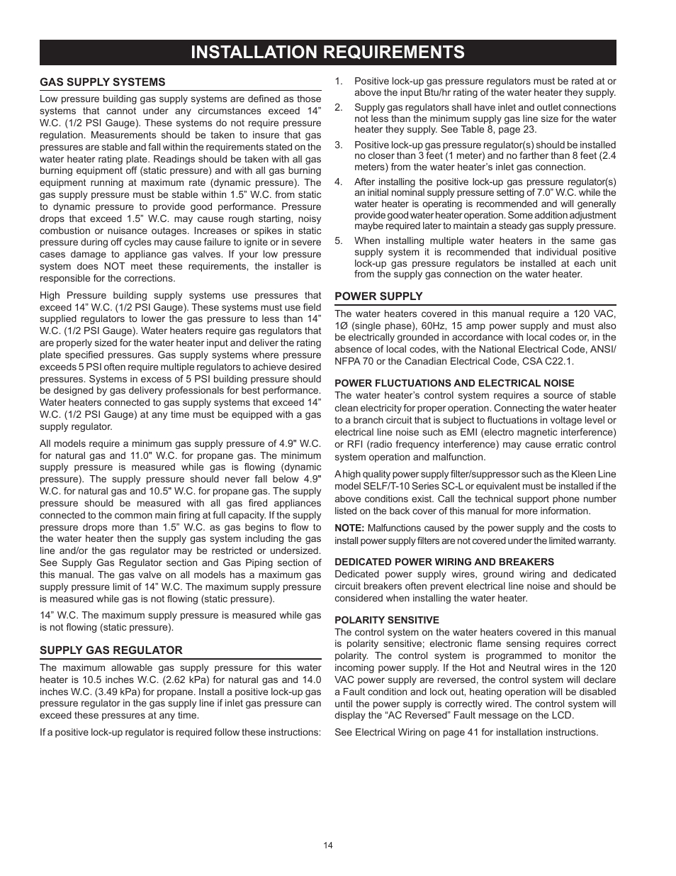 Installation requirements, Gas supply systems, Supply gas regulator | Power supply, Gas supply systems on | State Industries ULTRA FORCE 101 User Manual | Page 14 / 80