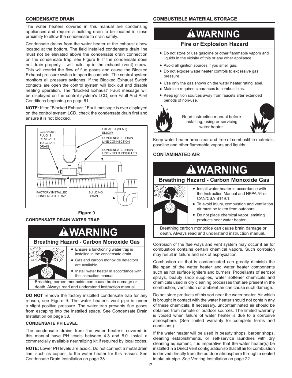 Condensate drain, See figure, Fire or explosion hazard | Breathing hazard - carbon monoxide gas | State Industries ULTRA FORCE 101 User Manual | Page 17 / 80