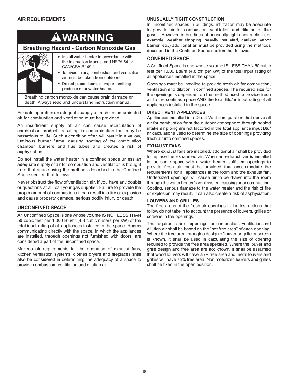 Air requirements, Breathing hazard - carbon monoxide gas | State Industries ULTRA FORCE 101 User Manual | Page 18 / 80