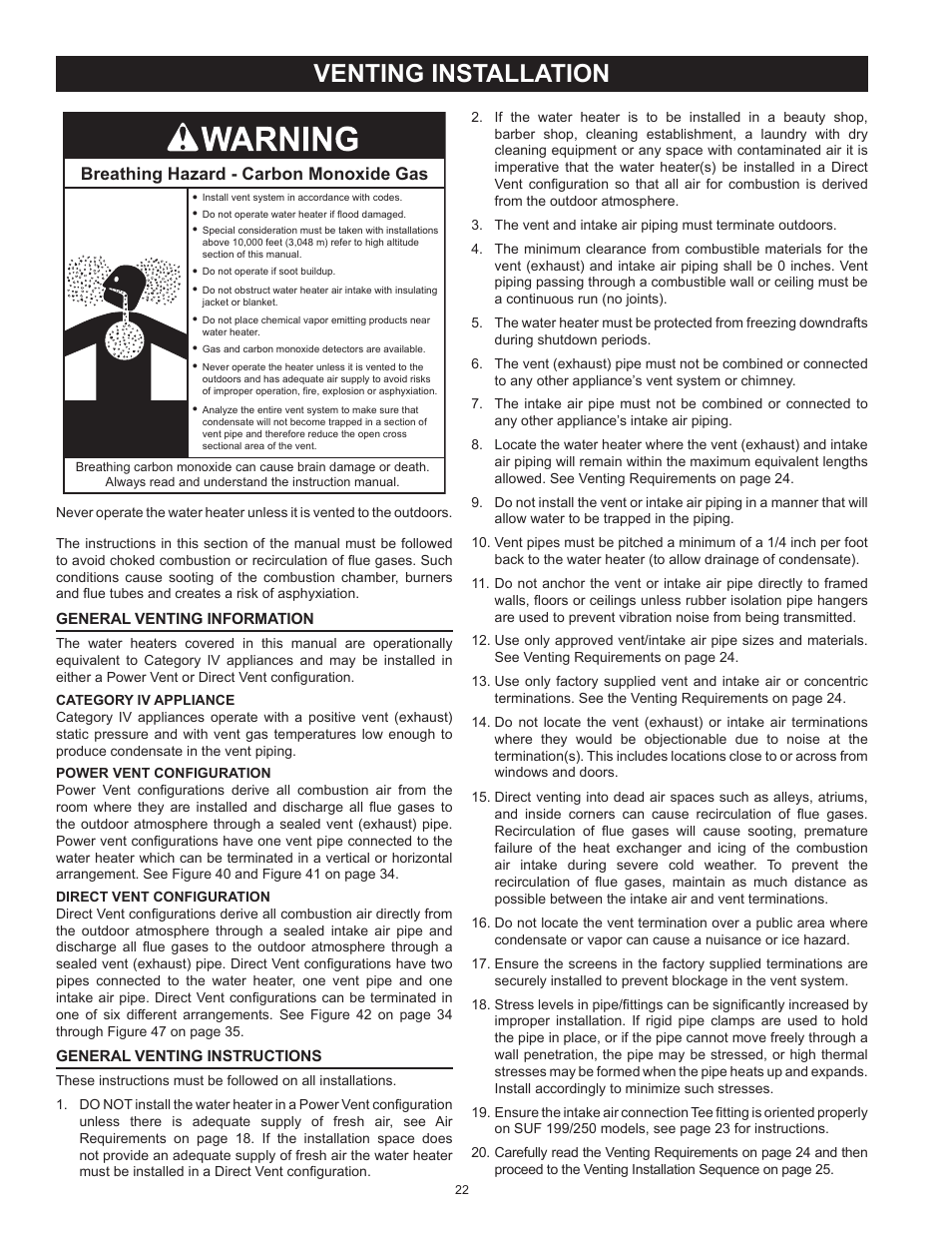 Venting installation, General venting information, Category iv appliance | Power vent configuration, Direct vent configuration, General venting instructions | State Industries ULTRA FORCE 101 User Manual | Page 22 / 80