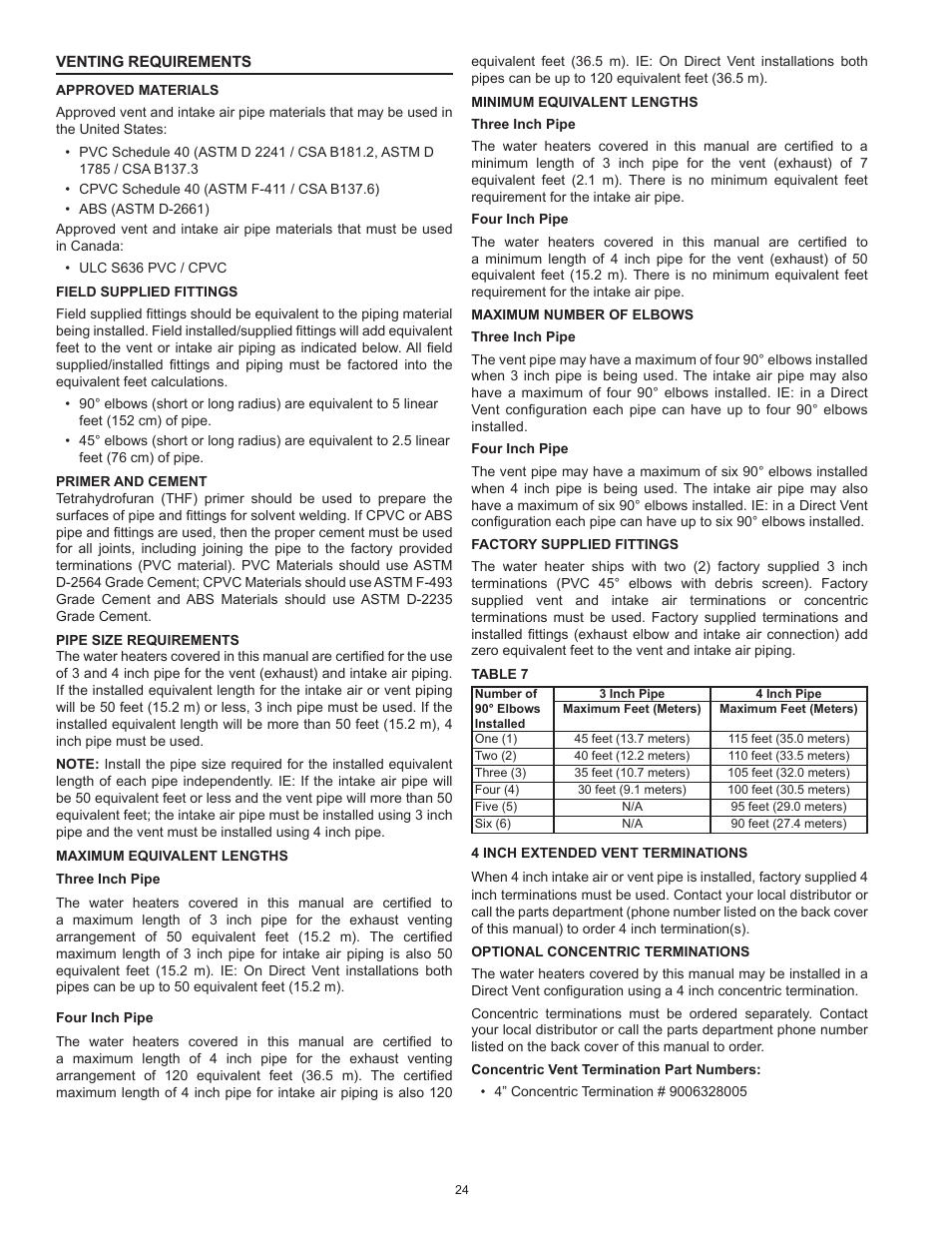 Venting requirements, Maximum equivalent lengths, Minimum equivalent lengths | Maximum number of elbows | State Industries ULTRA FORCE 101 User Manual | Page 24 / 80