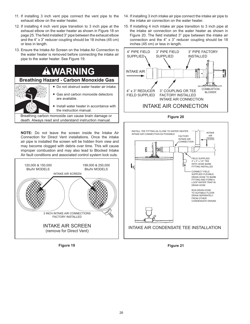 Intake air connection, Breathing hazard - carbon monoxide gas, Intake air screen | Intake air condensate tee installation | State Industries ULTRA FORCE 101 User Manual | Page 26 / 80