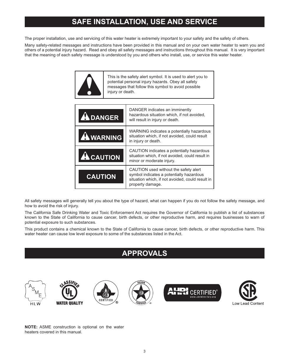 Safe installation, use and service, Approvals, Danger warning caution caution | State Industries ULTRA FORCE 101 User Manual | Page 3 / 80