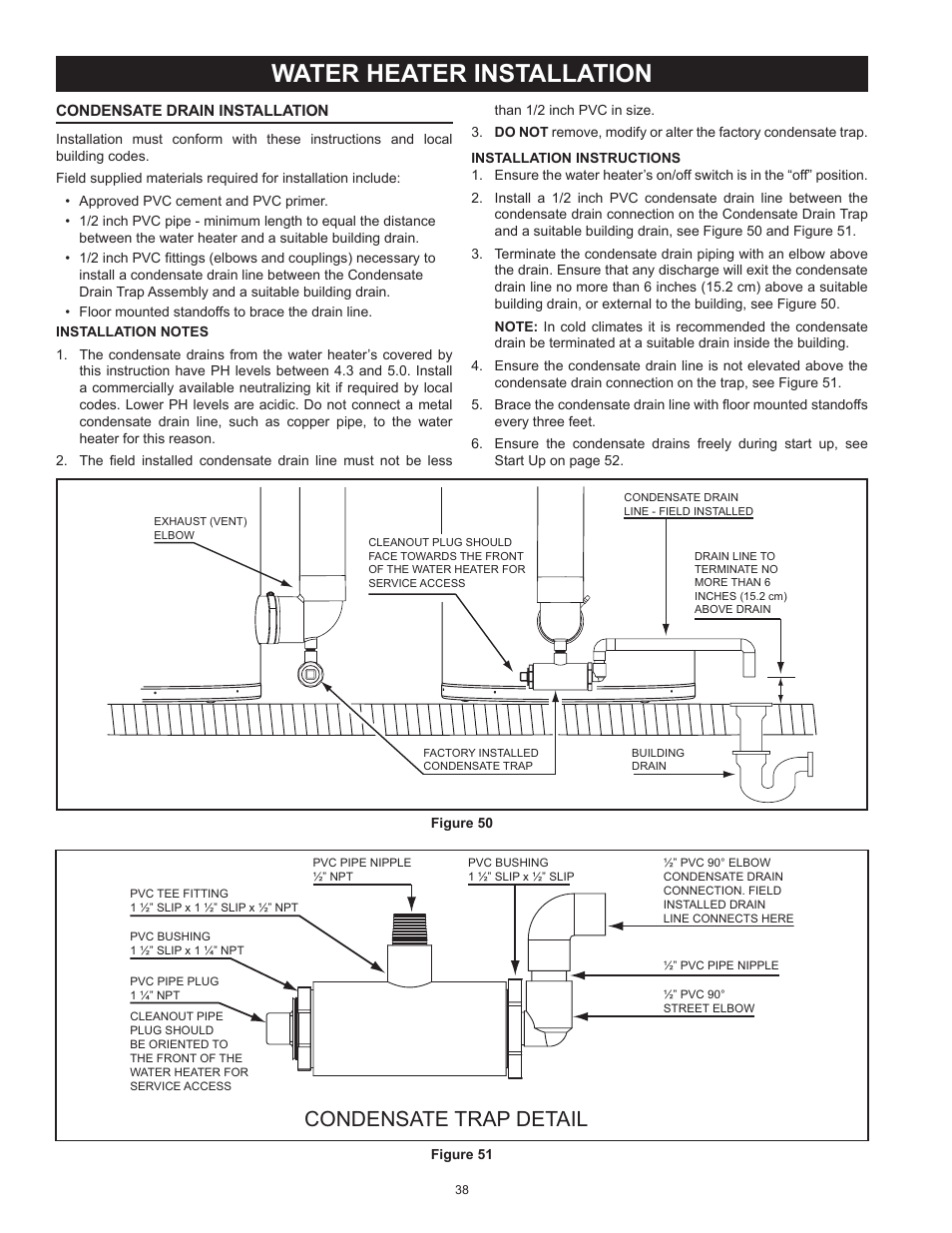 Water heater installation, Condensate drain installation, Condensate drain | Condensate trap detail | State Industries ULTRA FORCE 101 User Manual | Page 38 / 80