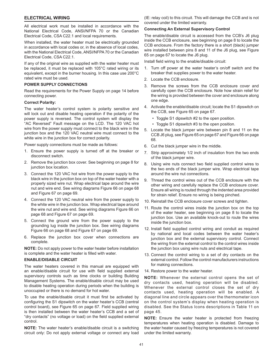 Electrical wiring, Power supply connections, Enable/disable circuit | Power supply connections enable/disable circuit | State Industries ULTRA FORCE 101 User Manual | Page 41 / 80