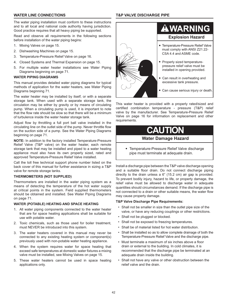 Water line connections, T&p valve discharge pipe, Water line connections t&p valve discharge pipe | Caution, Water damage hazard | State Industries ULTRA FORCE 101 User Manual | Page 42 / 80