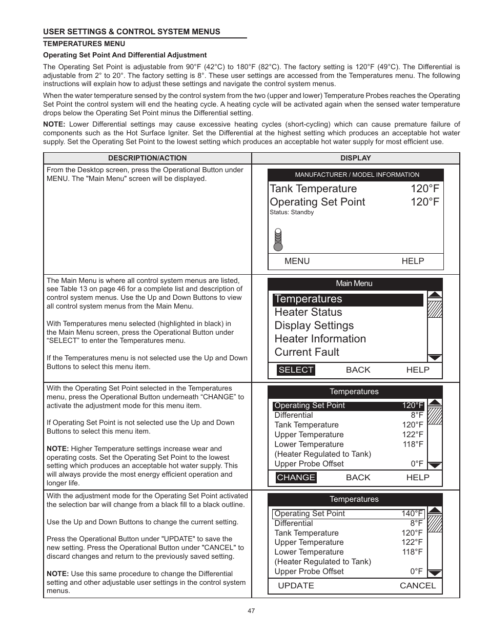 User settings & control system menus, Temperatures menu, Operating set | State Industries ULTRA FORCE 101 User Manual | Page 47 / 80