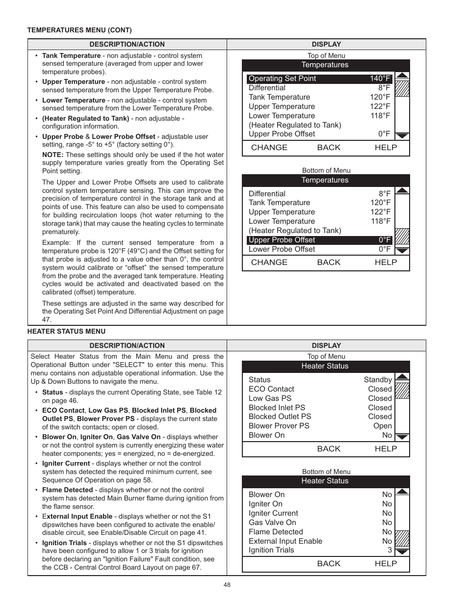 Heater status menu | State Industries ULTRA FORCE 101 User Manual | Page 48 / 80