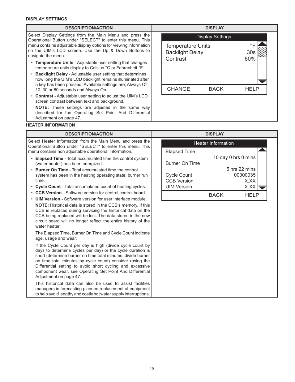 Display settings, Heater information, Display settings heater information | State Industries ULTRA FORCE 101 User Manual | Page 49 / 80