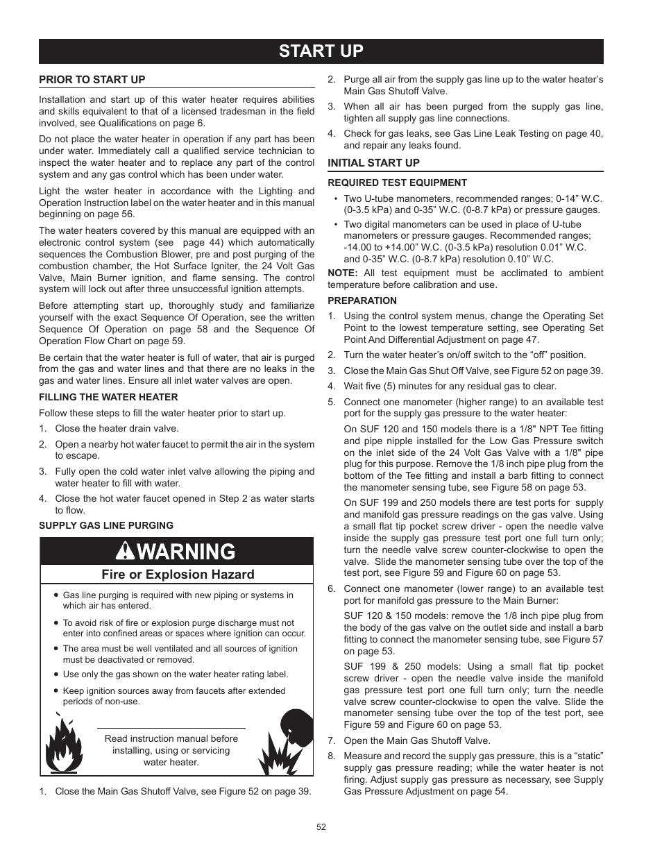 Start up, Initial start up, Fire or explosion hazard | State Industries ULTRA FORCE 101 User Manual | Page 52 / 80