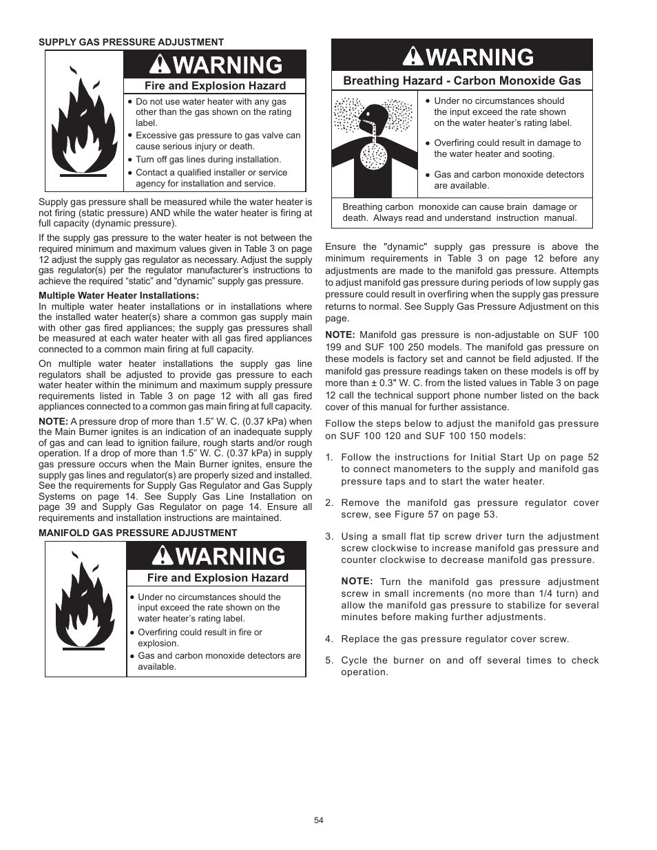 Supply gas pressure adjustment, Manifold gas pressure adjustment, Supply | Supply gas pressure adjustment on | State Industries ULTRA FORCE 101 User Manual | Page 54 / 80