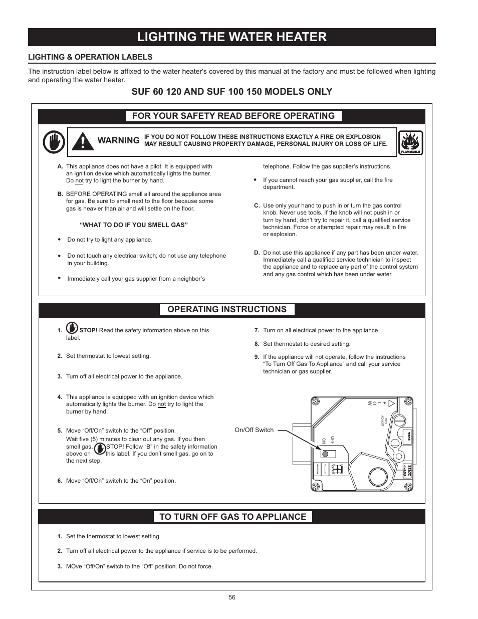 Lighting the water heater, Lighting & operation labels, Warning | State Industries ULTRA FORCE 101 User Manual | Page 56 / 80