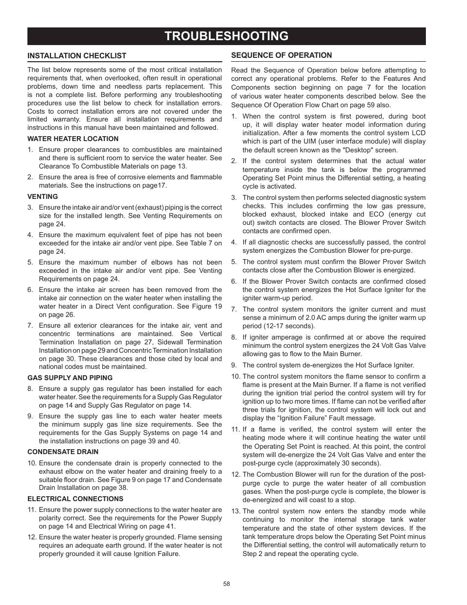 Troubleshooting, Installation checklist, Sequence of operation | Installation checklist sequence of operation, Sequence of | State Industries ULTRA FORCE 101 User Manual | Page 58 / 80