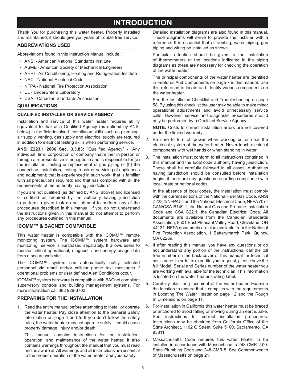 Introduction, Qualifications, Icomm™ & bacnet compatible | Preparing for the installation | State Industries ULTRA FORCE 101 User Manual | Page 6 / 80