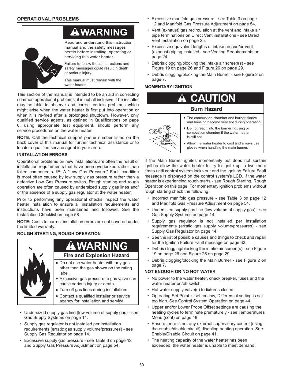 Operational problems, Rough starting, rough operation, Momentary ignition | Not enough or no hot water, Caution | State Industries ULTRA FORCE 101 User Manual | Page 60 / 80