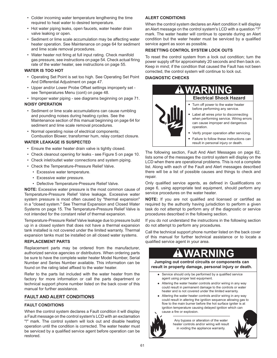 Fault and alert conditions, Fault conditions, Alert conditions | Resetting control system lock outs, Diagnostic checks, Fault and alert | State Industries ULTRA FORCE 101 User Manual | Page 61 / 80