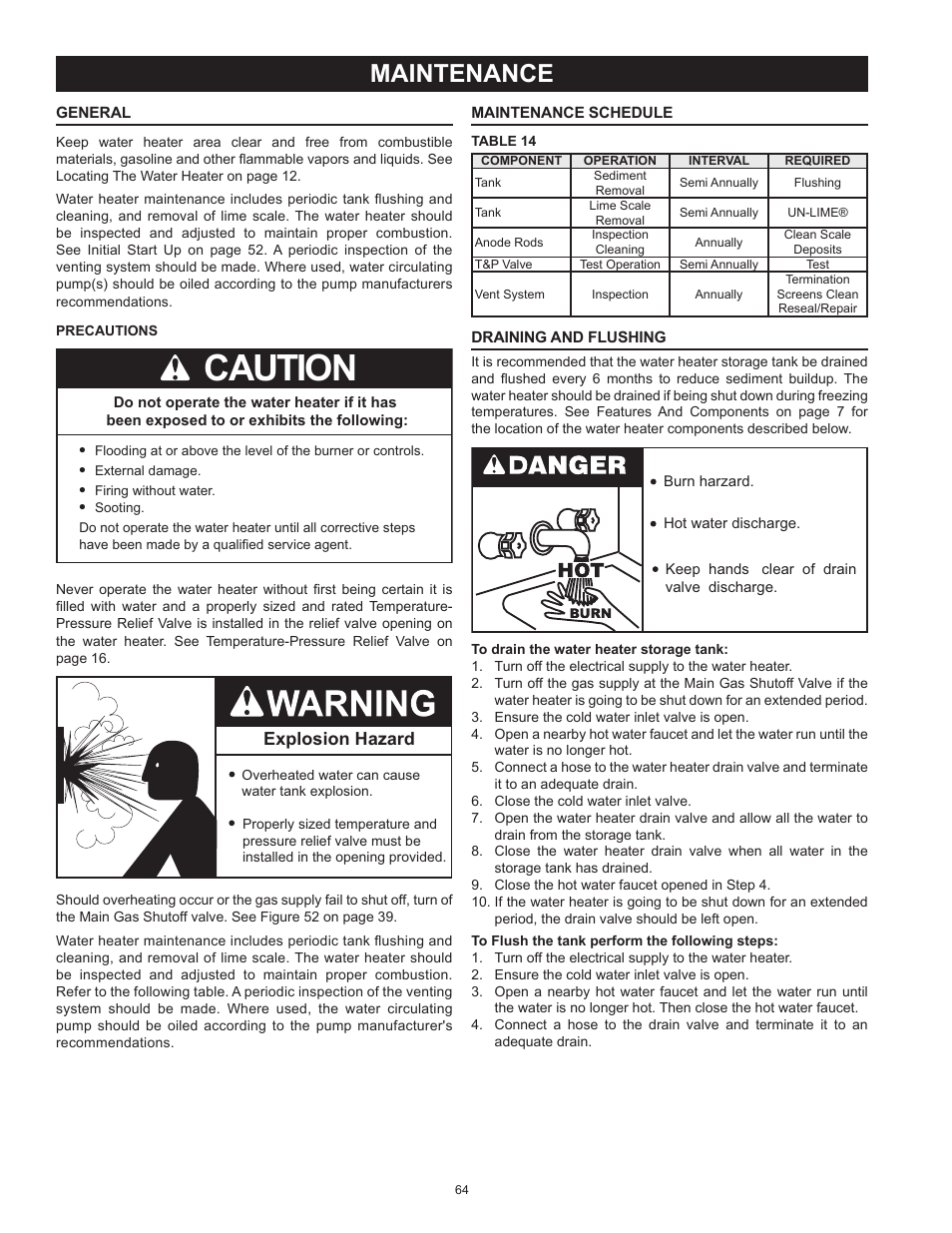 Maintenance, Maintenance schedule, Caution | Explosion hazard | State Industries ULTRA FORCE 101 User Manual | Page 64 / 80