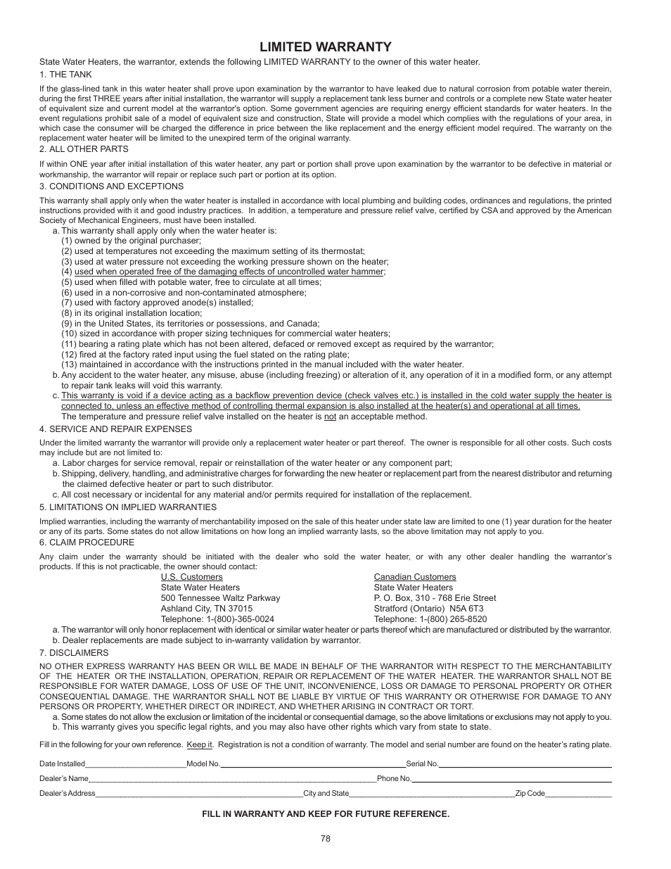 Limited warranty | State Industries ULTRA FORCE 101 User Manual | Page 78 / 80