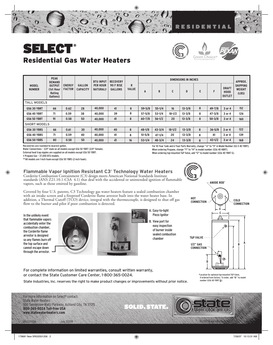 Select, Residential gas water heaters | State Industries GS6 40 YBRT G User Manual | Page 2 / 2
