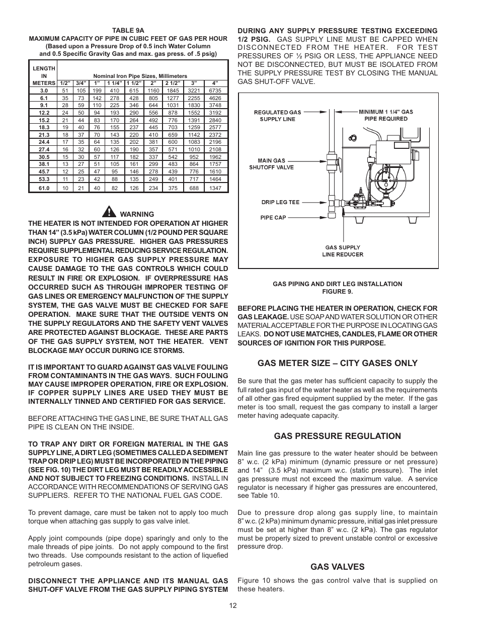 Gas meter size – city gases only, Gas pressure regulation, Gas valves | State GPG/GPV-540A User Manual | Page 12 / 37