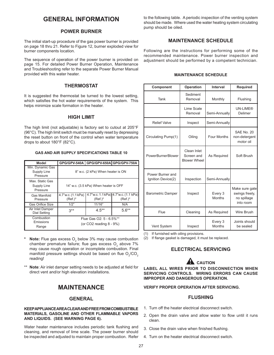 General information, Maintenance, Power burner | Thermostat, High limit, General, Maintenance schedule, Electrical servicing, Flushing | State GPG/GPV-540A User Manual | Page 27 / 37