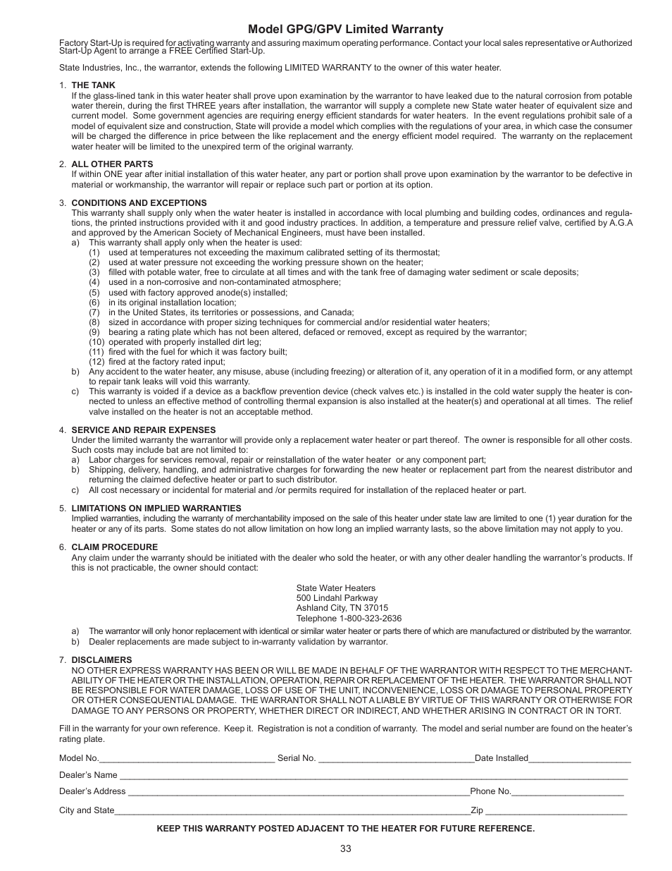 Model gpg/gpv limited warranty | State GPG/GPV-540A User Manual | Page 33 / 37