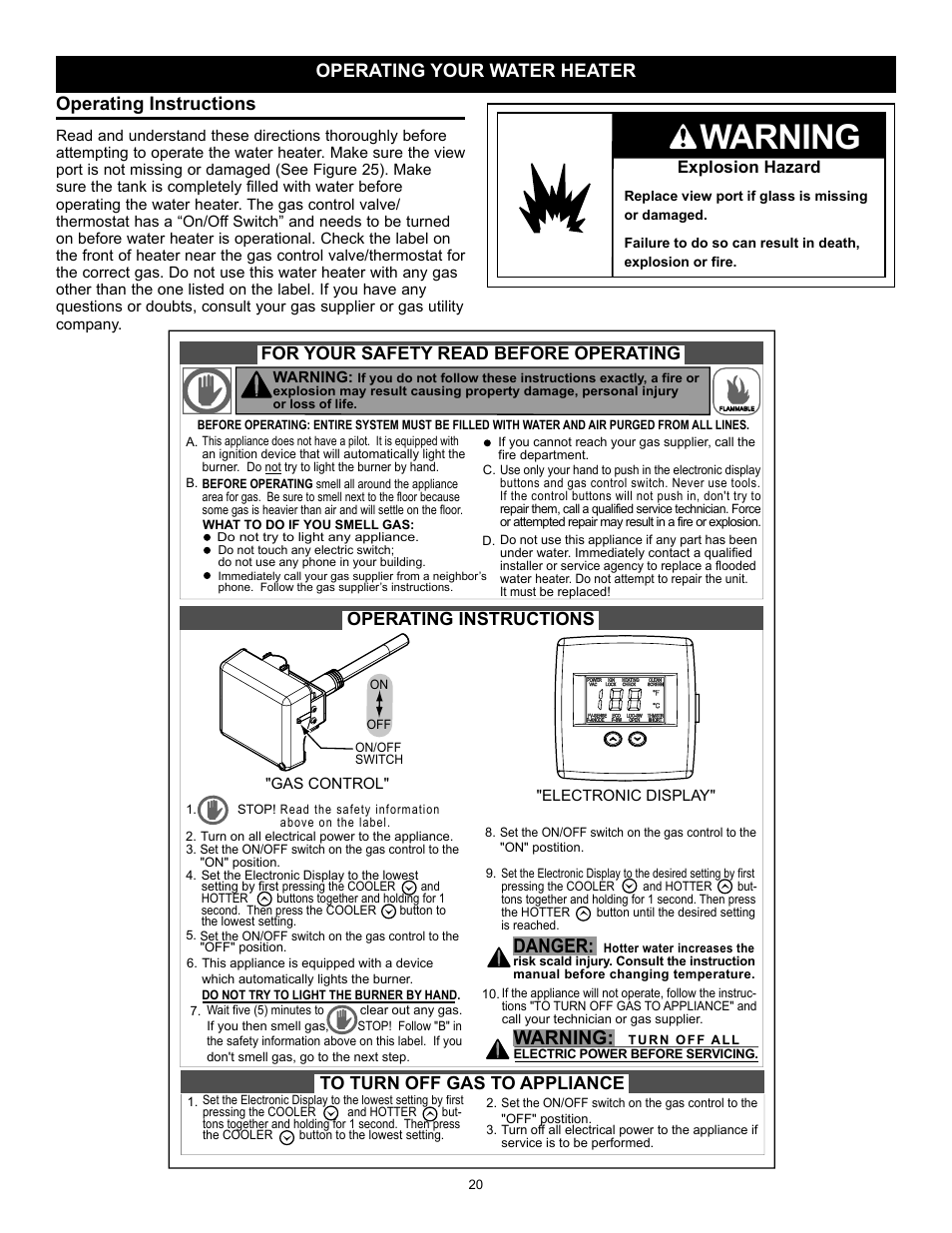 Warning, Danger, Operating instructions | Operating your water heater, Explosion hazard | State GP 6 40YPC T 100 User Manual | Page 20 / 40