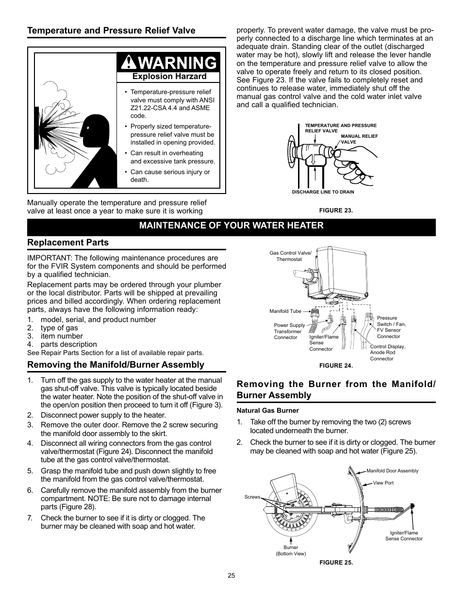 Replacement parts, Removing the manifold/burner assembly, Temperature and pressure relief valve | Maintenance of your water heater | State GP 6 40YPC T 100 User Manual | Page 25 / 40