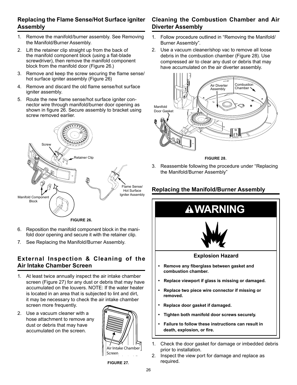 Warning, Replacing the manifold/burner assembly | State GP 6 40YPC T 100 User Manual | Page 26 / 40
