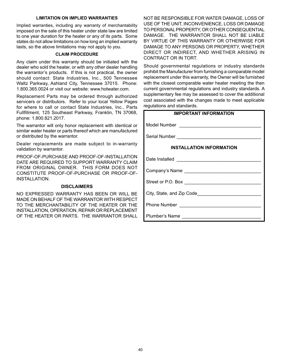 State GP 6 40YPC T 100 User Manual | Page 40 / 40