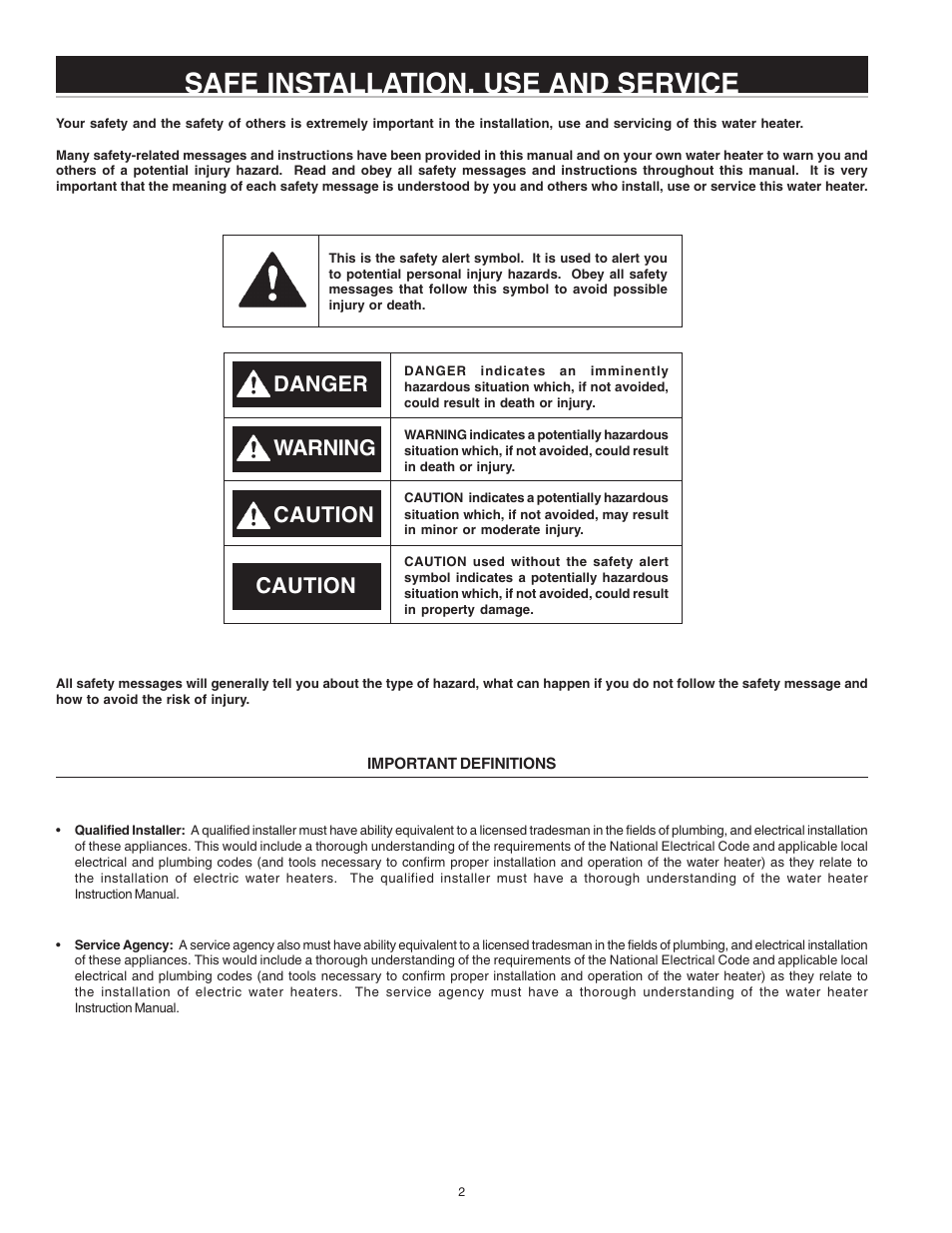 Safe installation, use and service, Danger warning caution, Caution | State ES6 2 SSUS K User Manual | Page 2 / 20