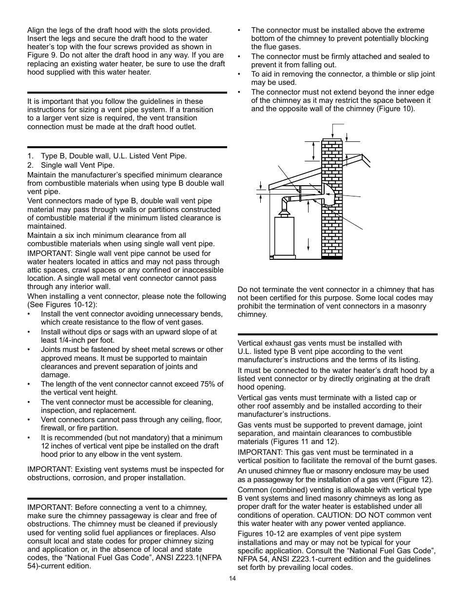 Vent pipe size, Vent connectors, Chimney connection | State GS6 30 YOCT User Manual | Page 14 / 36