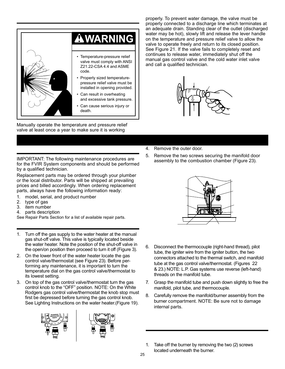 Replacement parts, Removing the manifold/burner assembly, Temperature and pressure relief valve | Maintenance of your water heater, Explosion harzard | State GS6 30 YOCT User Manual | Page 25 / 36