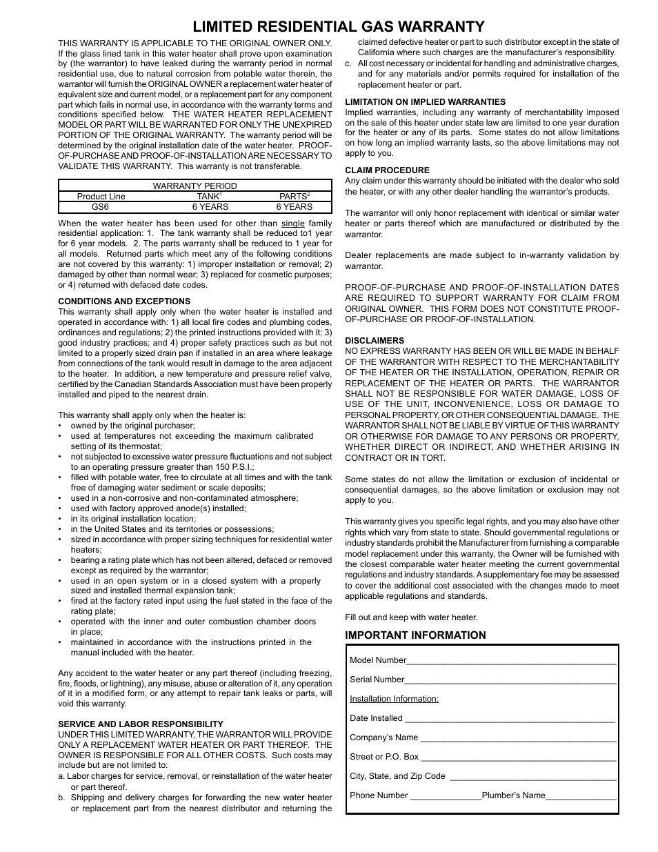 Limited residential gas warranty | State GS6 40 YBVIT User Manual | Page 31 / 32