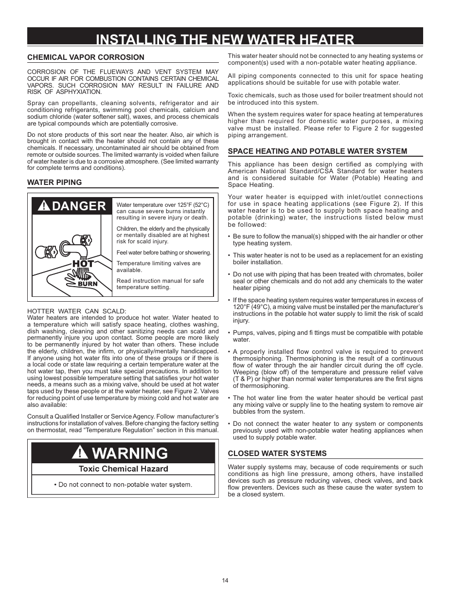 Installing the new water heater, Danger | State Industries GP6 50 User Manual | Page 14 / 40