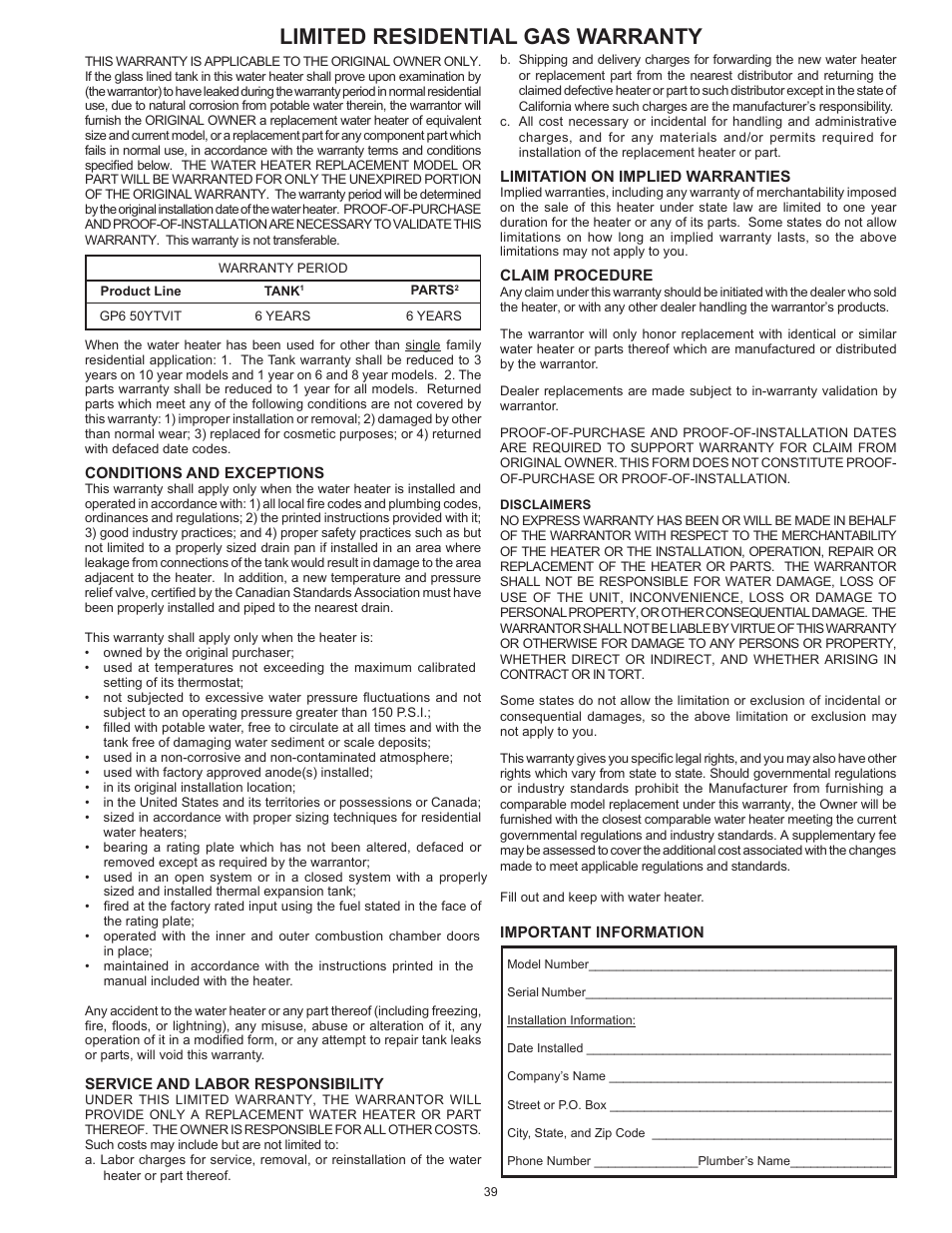 Limited residential gas warranty | State Industries GP6 50 User Manual | Page 39 / 40