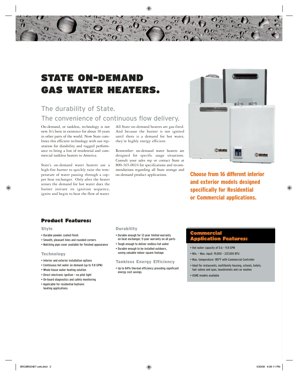 State on-demand gas water heaters, Product features: commercial application features | State Industries Gas-Fired Water Heaters User Manual | Page 2 / 4