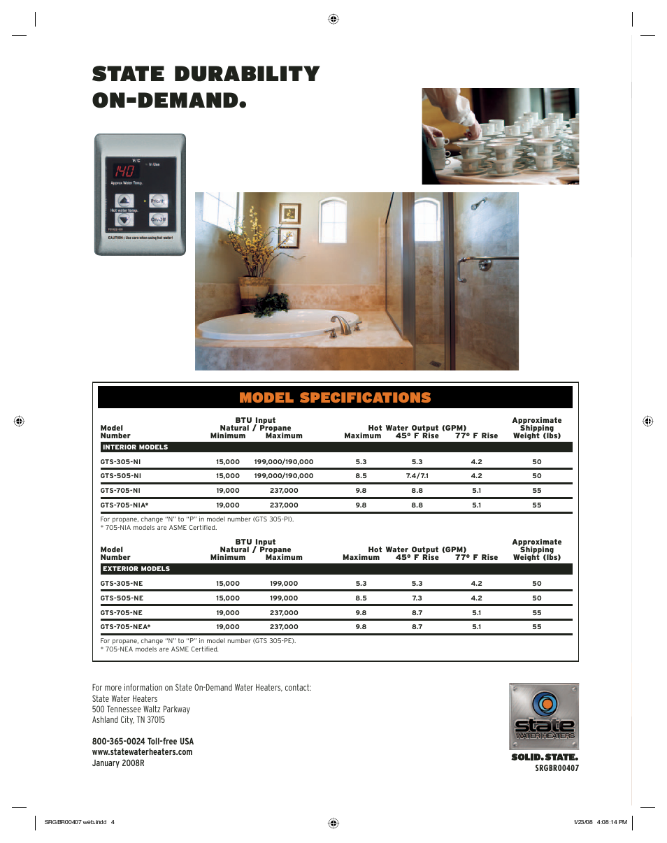 State durability on-demand, Model specifications | State Industries Gas-Fired Water Heaters User Manual | Page 4 / 4