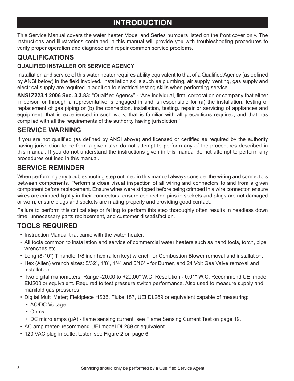 Introduction, Qualifications, Service warning | Service reminder, Tools required | State Industries SHE50-100PE User Manual | Page 4 / 72